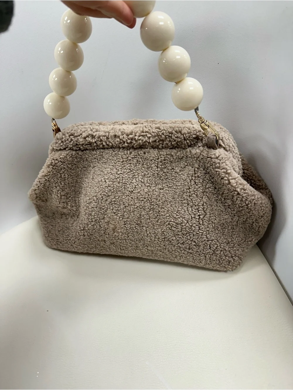 Ah-Dorned Teddy Sherpa Clutch w/ Oversized Beaded Handle Neutral Taupe Bag